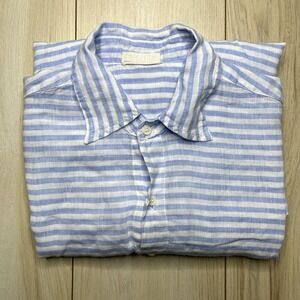 CP Shades 100% Linen Blue White Striped Button Up Shirt Mens Size Medium